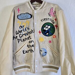 First Row Planet Earth Varsity Jacket Large Ivory Embroidered Retro Doodle Boho